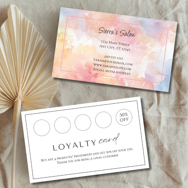Rosa Gult Vattenfärg Tvättar förmånen Salon Nagel Visitkort (Pink Yellow watercolor wash Hair Salon, Nail Salon, Spa Business Loyalty card)