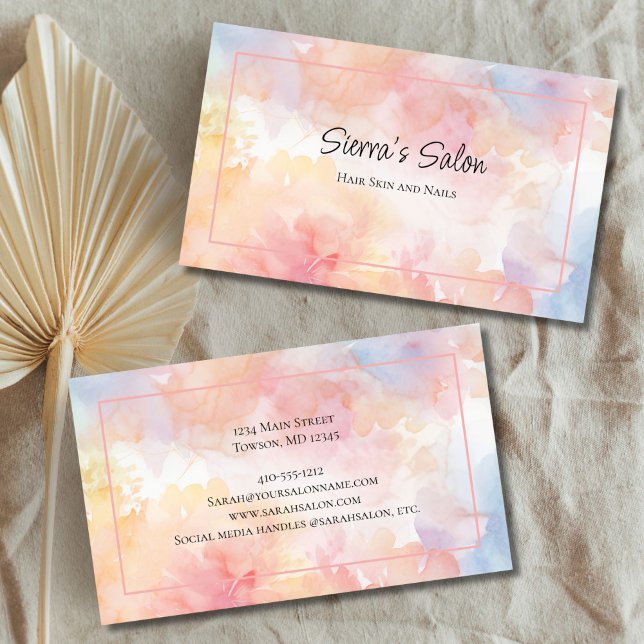 Rosa Gult Vattenfärg Tvättar Hair Nagel Spa Salon Visitkort (Pink yellow watercolor wash Hair Nails Spa Salon business card)