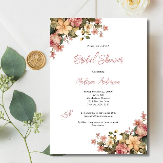 Rosa Gult Vattenfärgens Blommigt Möhippa Inbjudningar (Pink Yellow Watercolor Floral Bridal Shower Invitation. Vintage Antique, Printed or Digital Download)