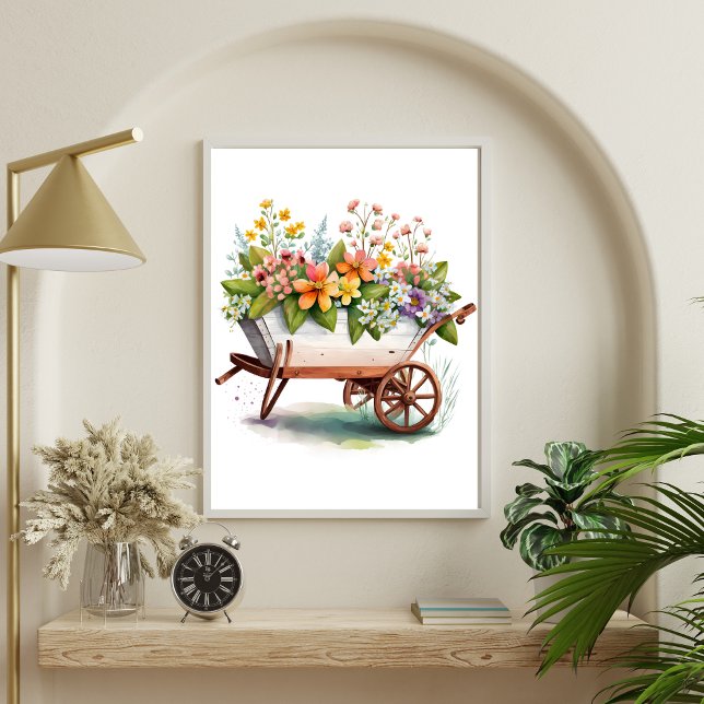 Rosa Gult White Garden Flowers in Wheel Barrel Poster (Wheel Barrel with Flowers Country Rustic Wall Art poster)