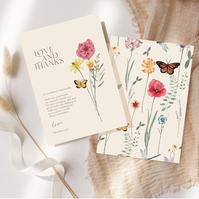 Rosa Gult Wildblomma Kärlek och tack Bröllop (Pink Yellow Wildflower Love And Thanks Wedding Thank You Card)