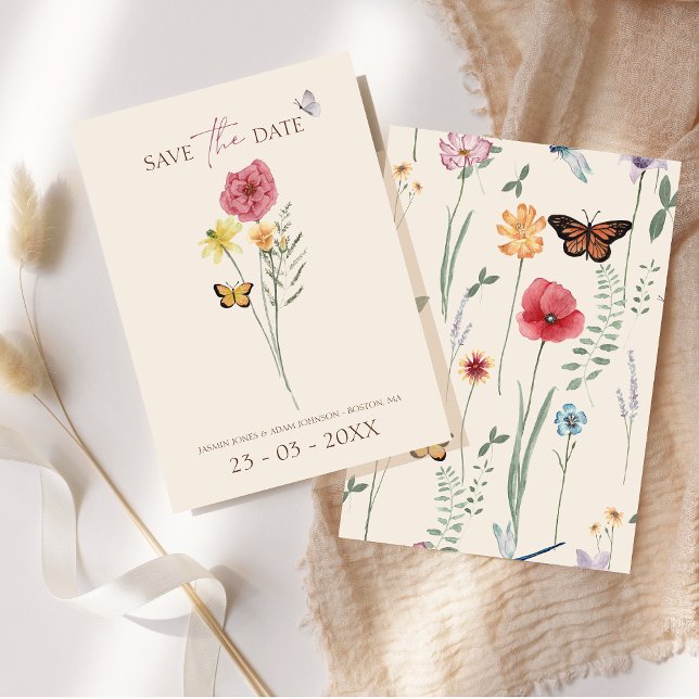 Rosa Gult Wildblomma Whimsical Save Date Spara Datumet (Simple Pink Yellow Wildflower Whimsical Wedding Save The Date Card)