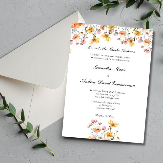 Rosa Gult Wildblommor Formal Elegant bröllop Inbjudningar (Pink Yellow Wildflowers Wedding invitation. Formal Traditional wording. Printed or Digital download)