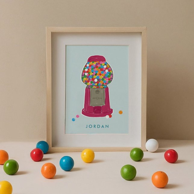 Rosa Gumball Maskin Candy Bubble Gum Personlig Poster (Pink retro gumball candy machine mint blue personalized kids art print.)