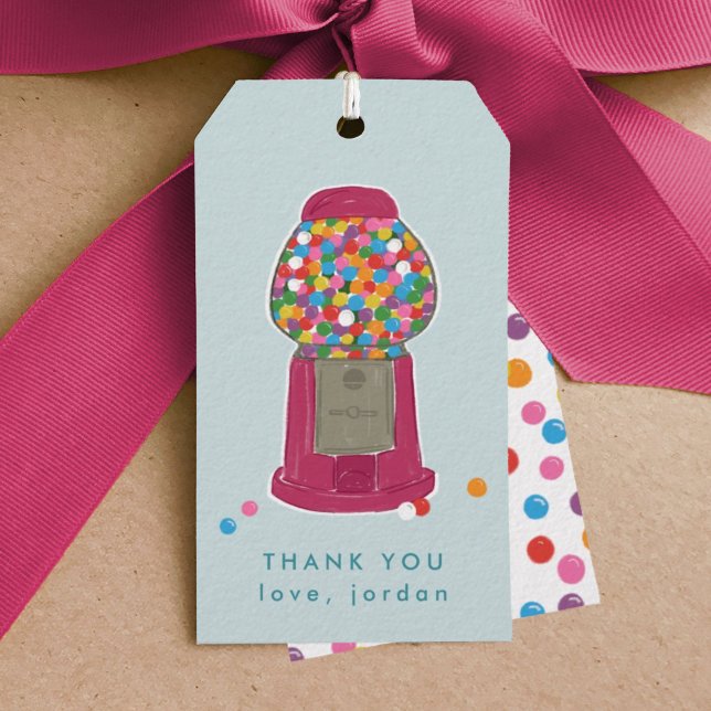 Rosa Gumball Maskin Candy Bubble Gum Tack Presentetikett (Pink gumball machine birthday party thank you blue gift tag.)