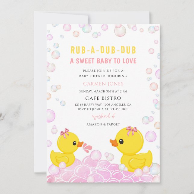 Rosa gummiand baby shower inbjudningar (Framsida)