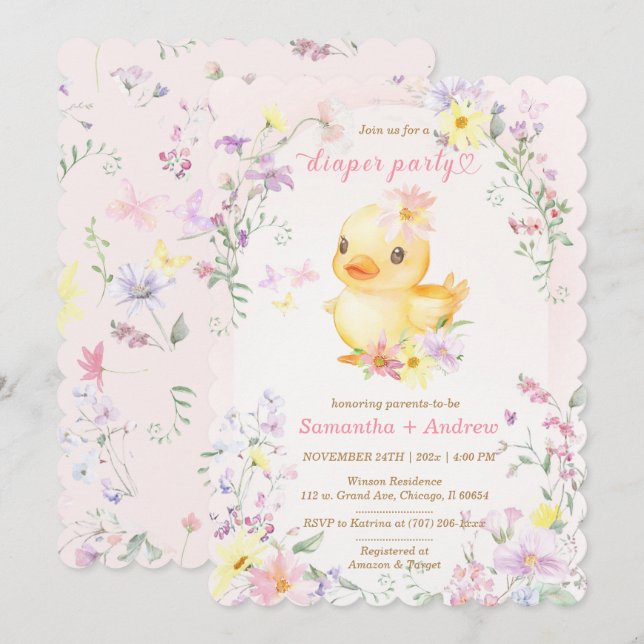 Rosa GUMMIAND Diaper-fest Malltemplate Inbjudningar (Fram/baksida)