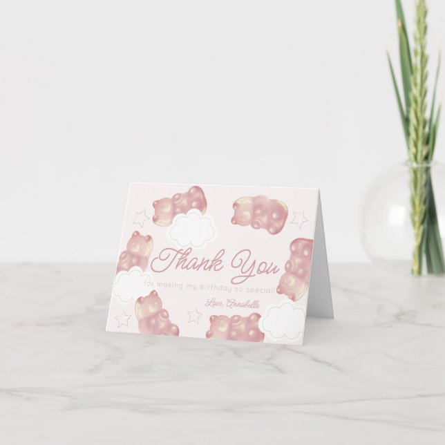 Rosa Gummibärsflicka Födelsedag Tack Kort (Framsida)