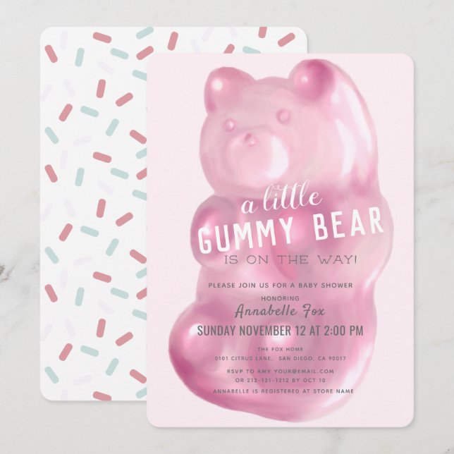 Rosa Gummy Bear GIrl Baby Shower Inbjudningar (Fram/baksida)
