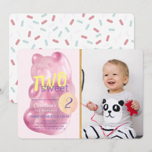 Rosa Gummy Bear Two Sweet Girl Photo 2nd Birthday Inbjudningar