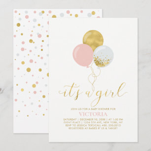Rosa & Gyllene Ballonger Det är en tjej - Baby S Inbjudningar