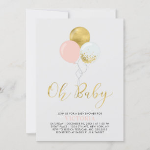 Rosa & Gyllene Ballonger Oh Baby Girl Baby Showe Inbjudningar