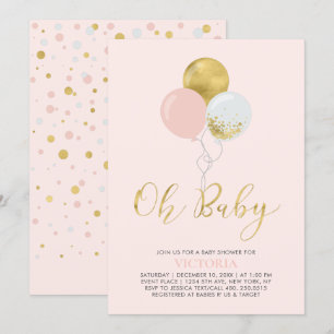 Rosa & Gyllene Ballonger Oh Baby Girl Baby Showe Inbjudningar