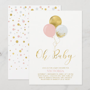 Rosa & Gyllene Ballonger Oh Baby Girl Baby Showe Inbjudningar