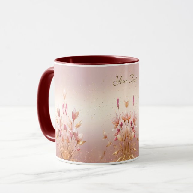 Rosa Gyllene Blad Blommig Kaffemug Mugg (Framsida vänster)