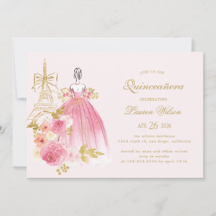 Rosa gyllene blomster Paris Chic Quinceanera Inbjudningar