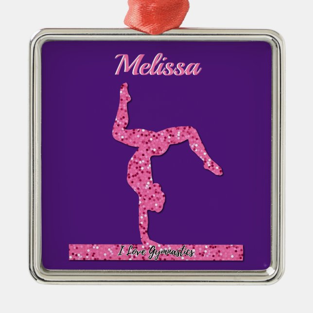 Rosa Gymnastics Girl Gnistra Balance Beam Julgransprydnad Metall (Framsidan)