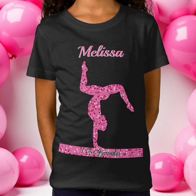 Rosa Gymnastics Girl Gnistra Balance Beam T Shirt (Pink Gymnastics Girl Sparkle Balance Beam T-Shirt)