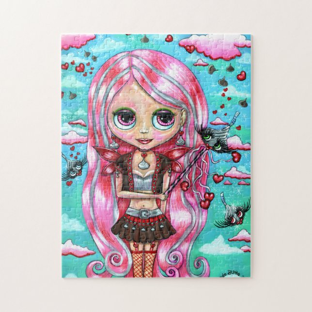 Rosa Hair Hearts och Kisses Fairy Big Öga Pussel (Vertikal)