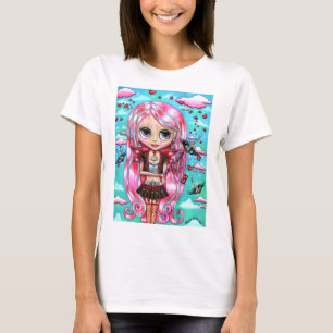 Rosa Hair Hearts och Kisses Fairy Big Öga T Shirt