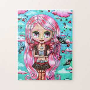 Rosa Hair Hearts och Kisses Fairy Big Ögon Pussel