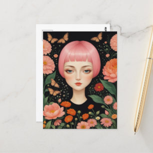 Rosa Hair och Flowers Vykort