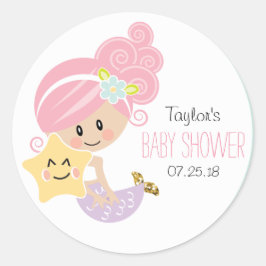 Rosa Hair Sjöjungfru Baby Shower Stickers Light Sk Runt Klistermärke