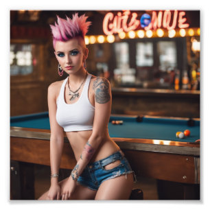Rosa Hair Tattoo Punk Bassäng Pub Girl Girl på Tor Fototryck