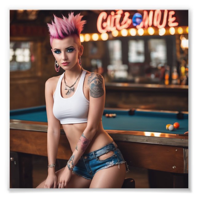 Rosa Hair Tattoo Punk Bassäng Pub Girl Girl på Tor Fototryck (Framsidan)