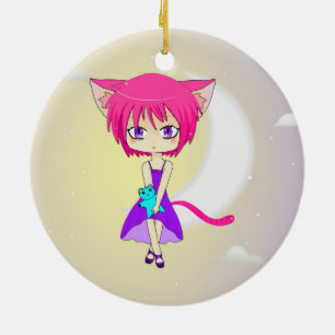 Rosa Haired Neko Animeflicka, prydnad Julgransprydnad Keramik