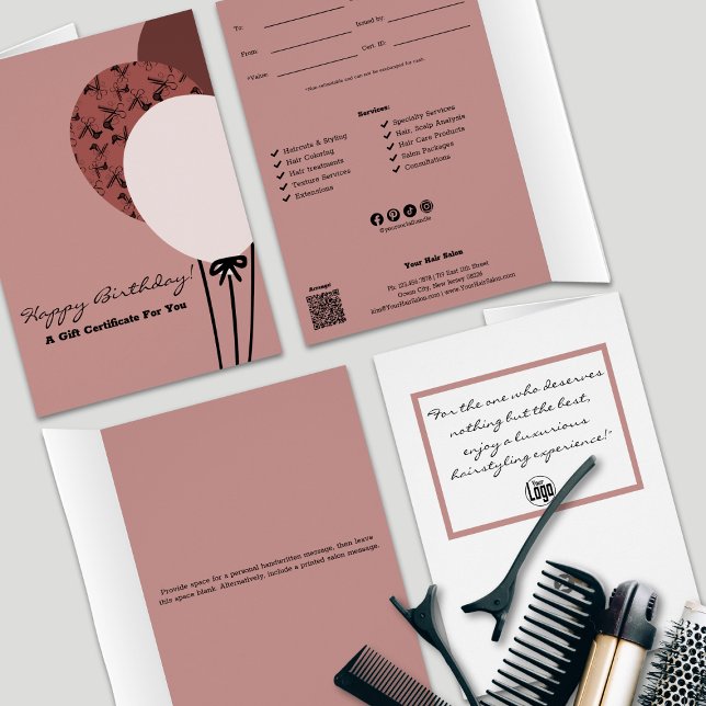 Rosa Hairstylist Grattis på födelsedagen Gift Cert Hälsningskort (Pink Hairstylist Happy Birthday Gift Certificate, Professional SMB Services, QR Code, Logo,  )