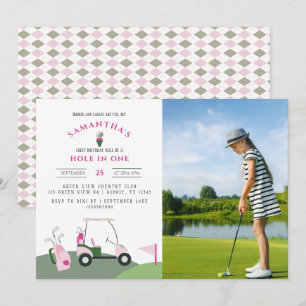 Rosa Hål i ett golffoto med 1:a födelsedag Inbjudningar