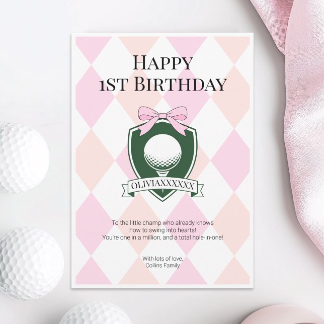 Rosa Hål i One Girl Golf Lycklig 1:a födelsedagen Kort (Pink Hole in One Girl Golf Happy 1st Birthday Card)