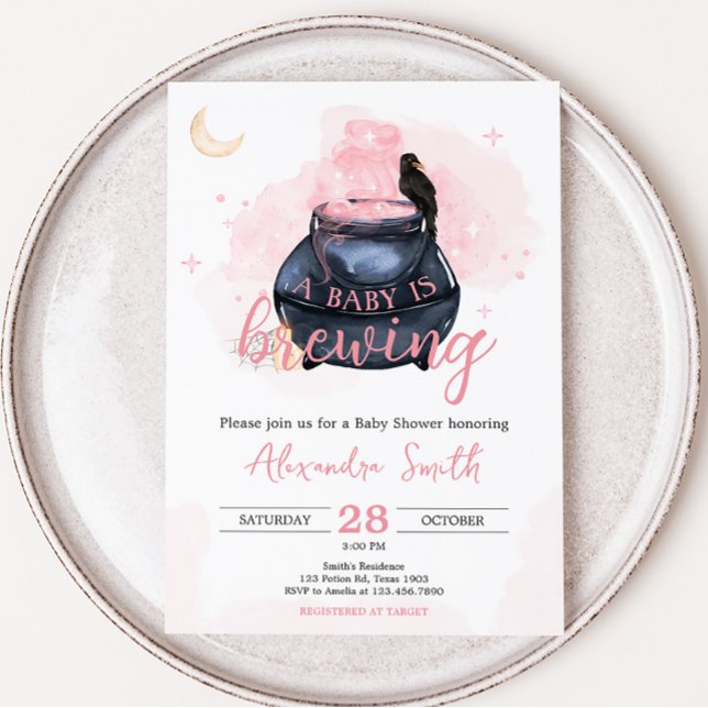 Rosa Halloween A Baby håller på att andas babyskor Inbjudningar (Witch Girl Baby Shower Invitation)