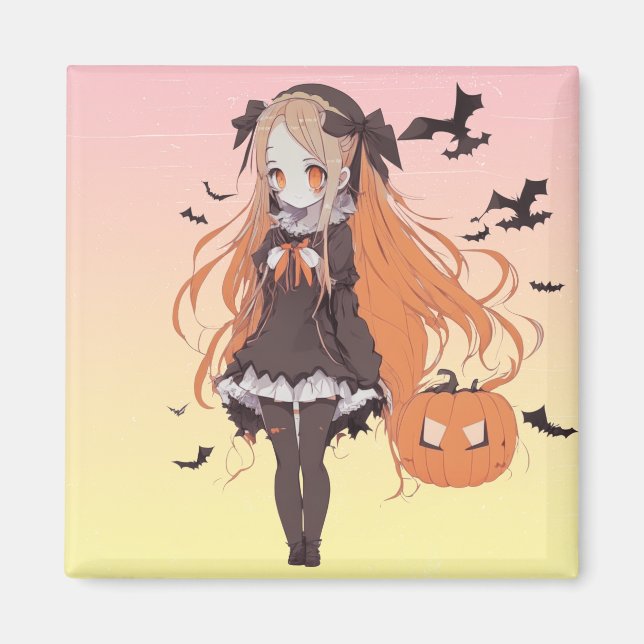 Rosa Halloween Animeflicka och fladdermöss Magnet (Framsidan)