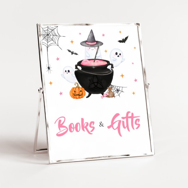 Rosa Halloween Baby andas Bokar och presenter Poster (Baby is Brewing Baby Shower Books and Gifts Sign)
