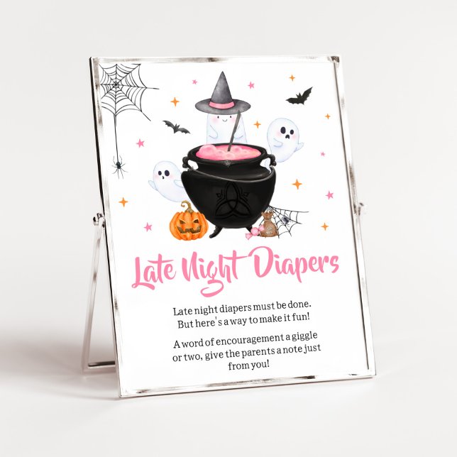 Rosa Halloween Baby brinner för sena natttidningar Poster (Baby is Brewing Baby Shower Late Night Diapers Sign)