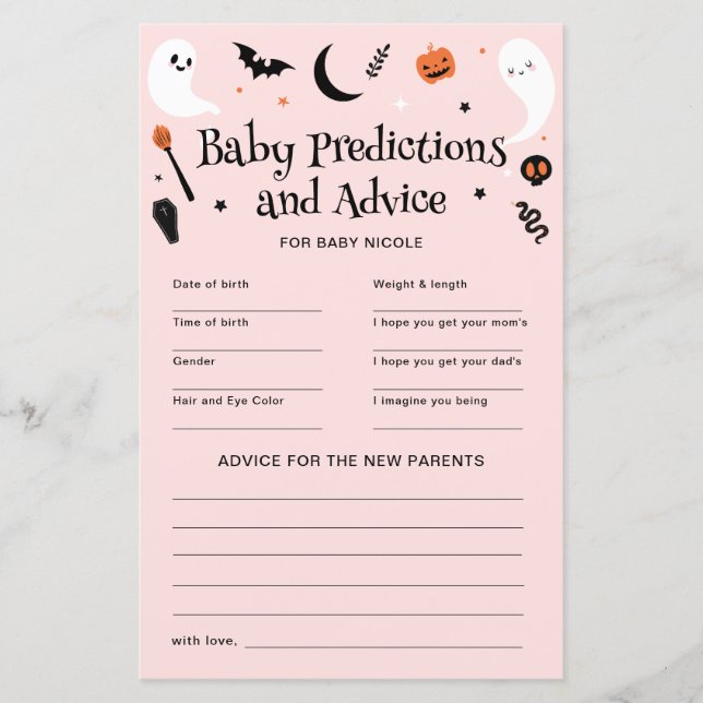 Rosa Halloween Baby Shower Förutsägelser Råd Spel (Framsida)