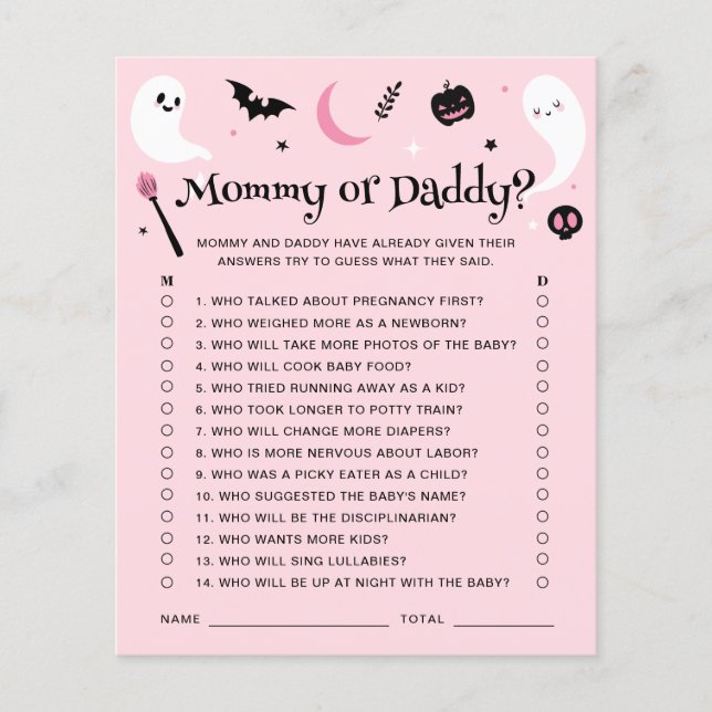 Rosa Halloween Baby Shower Mamma eller pappa Game (Framsida)