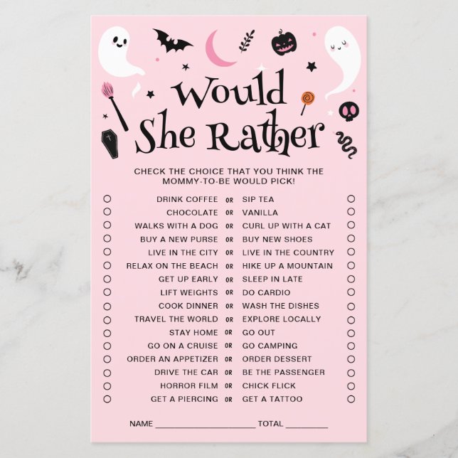 Rosa Halloween Baby Shower, skulle hon hellre spel (Framsida)