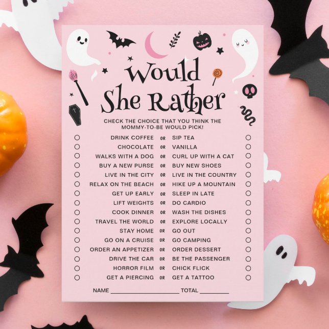 Rosa Halloween Baby Shower Would She Rather-kort Inbjudningar (Skapare uppladdad)