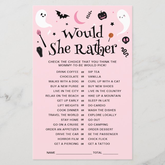 Rosa Halloween Baby Shower Would She Rather-spel (Framsida)