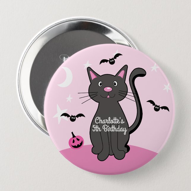 Rosa Halloween Black Cat Birthday Girl Knapp (Framsida & baksida)