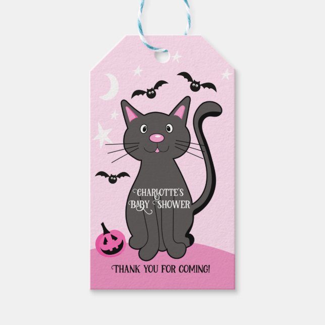 Rosa Halloween Black Cat Girl Baby Shower Presentetikett (Framsidan)
