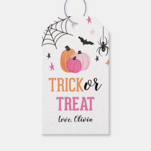 Rosa Halloween Bus eller godis Pumpa och spindlar Presentetikett