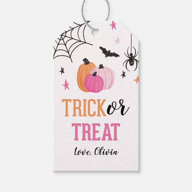 Rosa Halloween Bus eller godis Pumpa och spindlar Presentetikett (Framsidan)