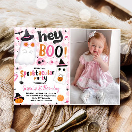 Rosa Halloween Cute Ghost 1:a Birthday Photo Inbjudningar