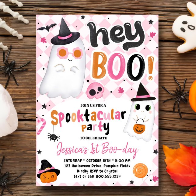 Rosa Halloween Cute Ghost 1:a födelsedagen Inbjudningar (Skapare uppladdad)