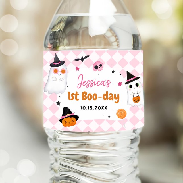 Rosa Halloween Cute Ghost 1:a födelsedagen Vattenflaskor Etikett (Skapare uppladdad)