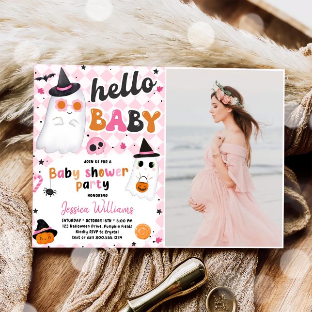 Rosa Halloween Cute Ghost Baby Shower Photo Inbjudningar (Skapare uppladdad)